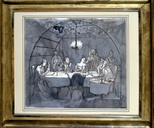 Fête des Cabanes au restaurant Kasher par la famille de Moïse Ulmann. Dessin sur papier, lavis à la plume en 1831 35,5 x 31,3 cm. (JM 189) Musée Juif de Bâle, Suisse.