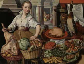Scène de cuisine, avec Jésus dans la maison de Marthe et Marie en arrière-plan