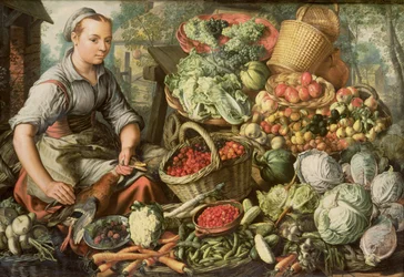Nature morte avec fruits, légumes et une marchande