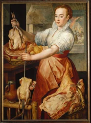 Cuisiner avec du poulet (peinture sur bois de chêne)