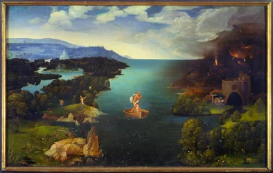 Le passage du Styx : Charon sur sa barque aux Enfers. Peinture de Joachim Patinir (Skater) (1485-1524), école flamande. Dimensions 0,64 x 1,03 m, Madrid, musée du Prado