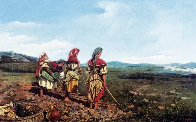 Paysage napolitain avec personnages. Paysans napolitains labourant un champ dans la campagne. Peinture de Joaquim VAYREDA i VILA (1843-1894)