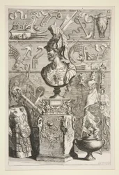 Une statue de Lucius Sciopione, armure et autres bannières et fragments antiques