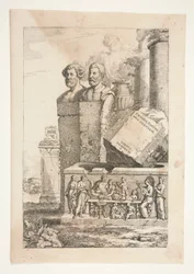 Bustes de portrait, colonnes, urne fumante et un relief