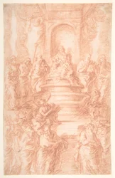 Die Heilige Sippe (Madonna mit Kind und St. Johannes) mit Propheten und Symbolen der vier Evangelisten
