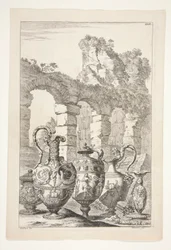 Trois pichets, un vase couvert et un chandelier dans un paysage avec des ruines