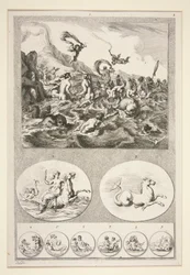 Partie supérieure : Néréides jouant Partie inférieure : Deux reliefs et six pièces