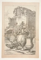 Vases dans un paysage parmi des ruines antiques