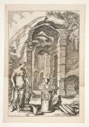 Femme en robe antique avec urnes, stands et ruines