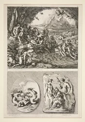 partie supérieure : Quos Ego ? partie inférieure : Deux reliefs antiques : Les Trois Parques et un sujet inconnu