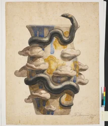Travail préparatoire pour un vase décoré de serpent et de champignons en relief