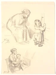 Deux études de figures. En haut, une femme assise observant un enfant à une porte; en bas, une femme avec un enfant au piano