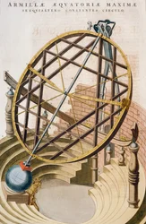 Grande sphère armillaire équatoriale conçue par Tycho Brahe, illustration du Grand atlas ou Cosmographie blaviane (Atlas Maior)