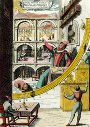 Représentation de Tycho Brahe (1546-1601), astronome danois dans son observatoire. Gravure de « Atlas Major Ssive et cosmographia Blavania labore et sumptibus » par Johannes Blaeu (1598-1673). XVIIe siècle. Paris, Arts décoratifs