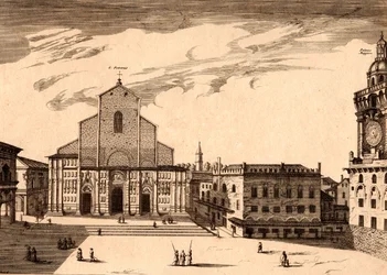 La Basilique San Petronio sur la Piazza Maggiore, Bologne, Émilie-Romagne, Italie, gravure sur cuivre