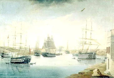 Vue de la porte de Mahon, du Fonduco avec divers frégates étrangères