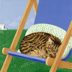 Chat tigré endormi sur une chaise longue