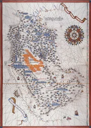 Carte de la péninsule arabique, avec rose des vents et détails des ports et côtes maritimes, dans l