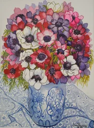 Anémones dans un pot bleu et blanc, avec textile bleu et blanc, 2000