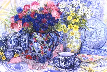 Bleuets avec cruches antiques et tissus à motifs, 2012