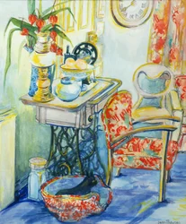 Intérieur de cottage, avec chat, 2000