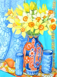 Jonquilles et tulipes dans un vase Imani; oranges et textiles