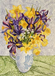 Iris et jonquilles avec textiles à motifs, 2008