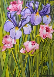 Roses et iris dans le jardin