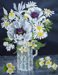 Pavots blancs, marguerites et philadelphus