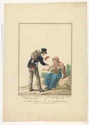Soldat debout avec une vendeuse de homards