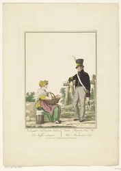 Soldat debout avec une vendeuse de café assise (Uniformes et costumes)