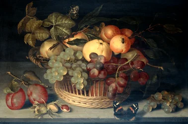 Panier de fruits et papillon amiral sur table en pierre, 1610