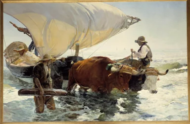 Retour de pêche, remorquage du bateau. Peinture de Joaquín Sorolla y Bastida (1863-1923). Soleil. 2,6 x 3,2 m. XIXe siècle. Paris, Musée d