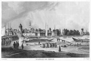 Vue historique de Spandau près de Berlin. Gravure sur acier. Vue de Stresow sur la vieille ville de Spandau. Au premier plan, le chantier naval de Stresow, à gauche le pont de Stresow (plus tard pont de Charlotten)