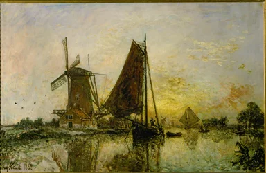 Bateaux et moulins à vent en Hollande (huile sur toile)
