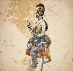 Un cavalier du 5e régiment de dragons rechargeant son pistolet de cheval, 1840-1850