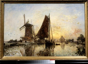 Paysage hollandais, bateaux près du moulin