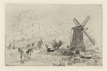 Paysage avec moulins et patineurs