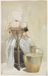 Jeune fille assise en costume, vue de dos