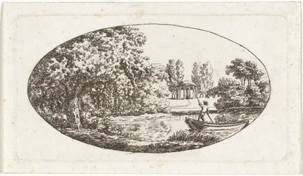 Étang avec un temple et une statue en face