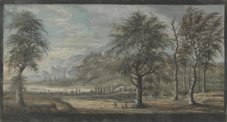 Paysage avec des arbres feuillus au premier plan