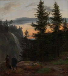 Deux hommes devant une cascade au coucher du soleil, 1823