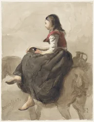 Femme assise sur un cheval avec deux cruches