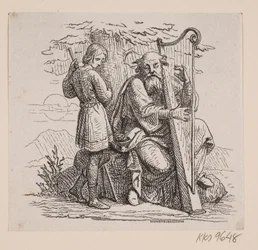Un vieux joueur de harpe et un garçon sous un arbre