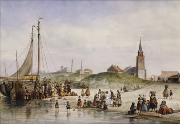 Pêcheurs sur une plage avec une ville au loin, 1857