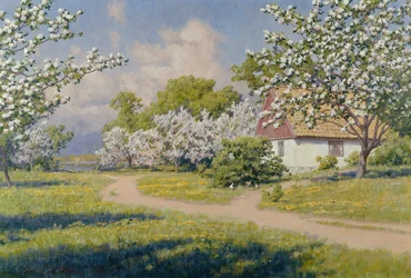 Paysage boisé avec un cottage au printemps