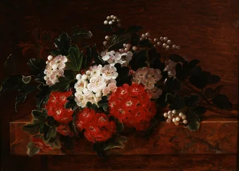 Aubepines sur un rebord en marbre. Peinture de Johan Laurentz Jensen (1800-1856) Collection privee.
