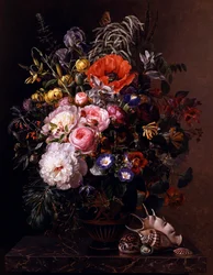 Coquelicot, pivoines, roses et capucines dans un vase grec. Peinture de Johan Laurentz Jensen (1800-1856) Collection privee.