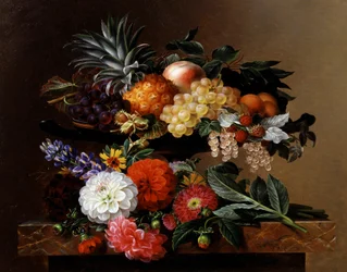 Dahlias, Lupin et Coreopsis dans un Kylix grec. Peinture de Johan Laurentz Jensen (1800-1856) Collection privee.