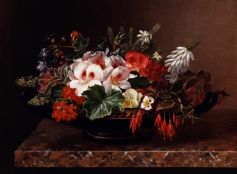 Geraniums blanc, pensees et bruyeres dans un Kylix grec. Peinture de Johan Laurentz Jensen (1800-1856) Collection privee.